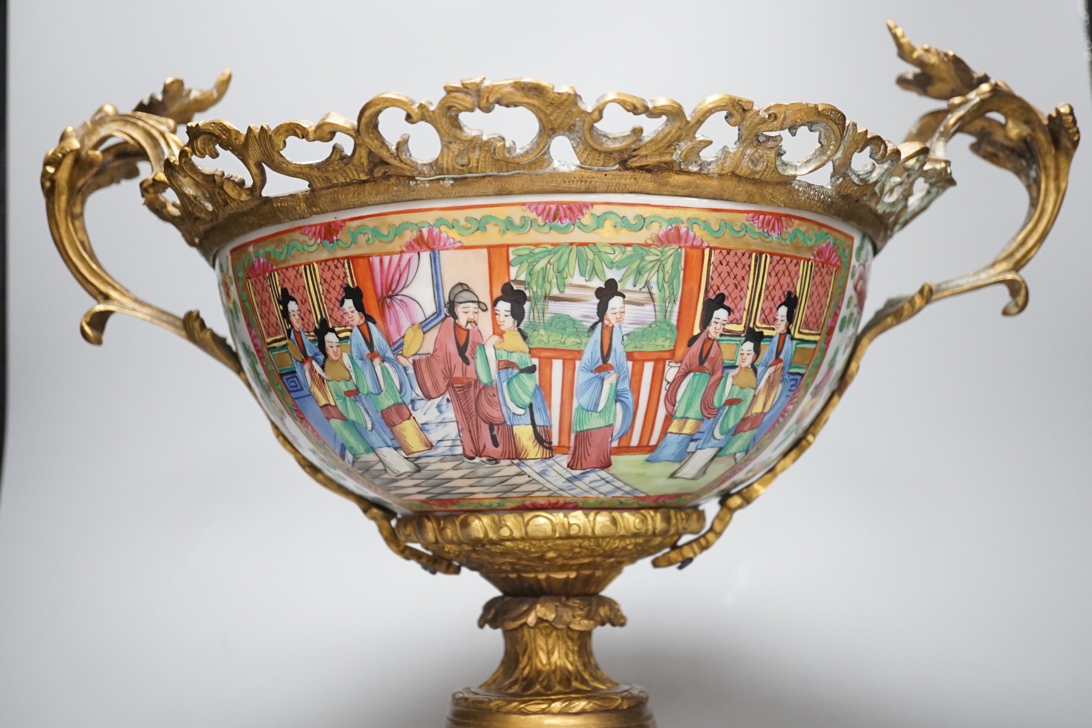 A late 19th century Chinese famille rose bowl with French ormolu mounts, 32cm